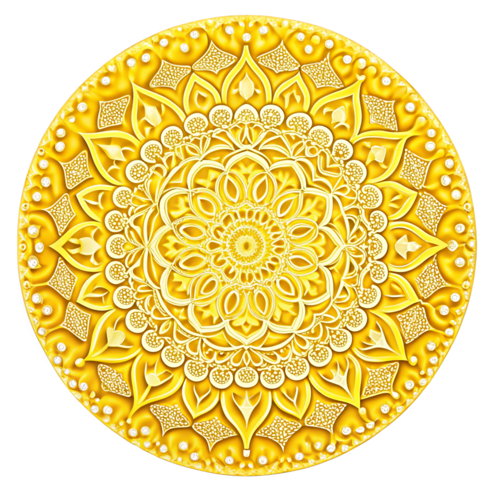 Circular pattern in the form of a yellow mandala is isolated on transparent background png