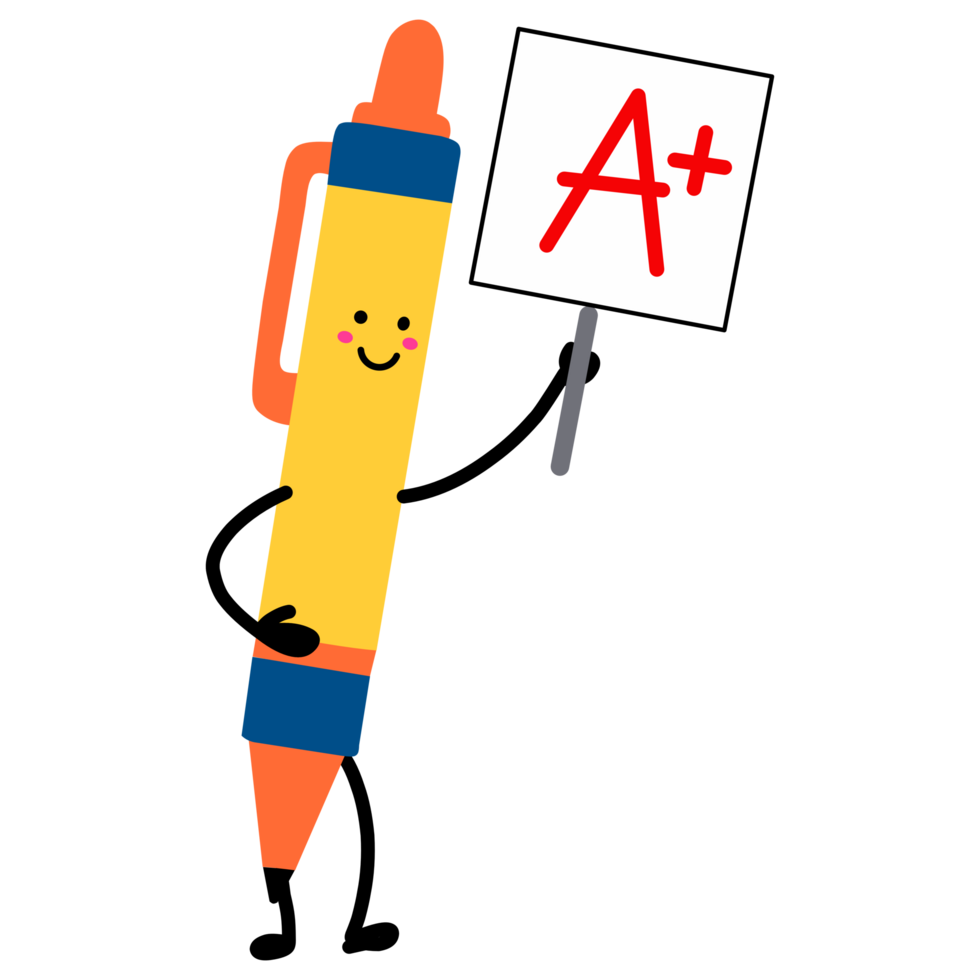 Pen cartoon character holding A sign, perfect for school, education, and achievement designs png
