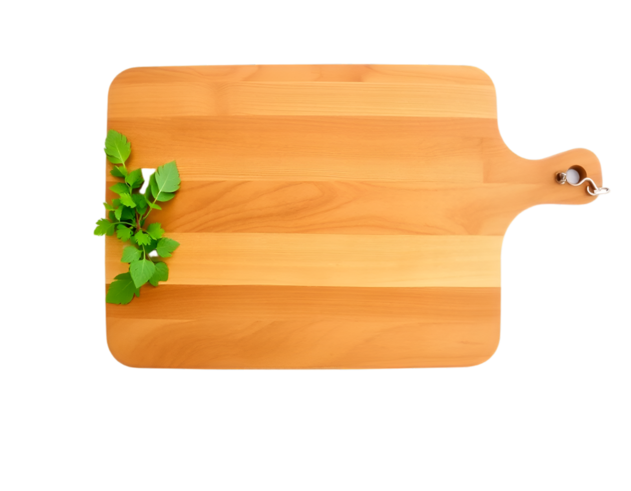 Wooden cutting board with green plant isolated on transparent background png