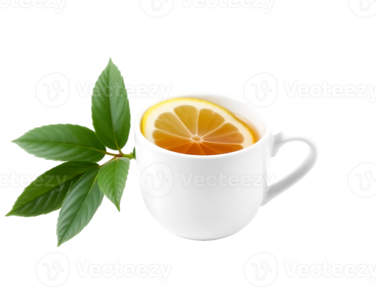 Cup of tea with lemon and green leaves isolated on transparent background png