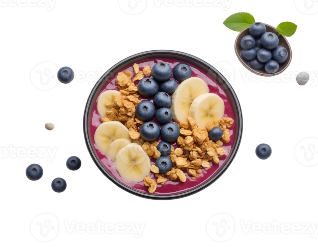 Yogurt with blueberries, banana and granola in bowl isolated on transparent background png