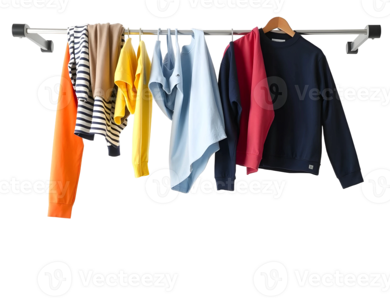 Rack with different clothes hanging on rack, isolated on transparent background png