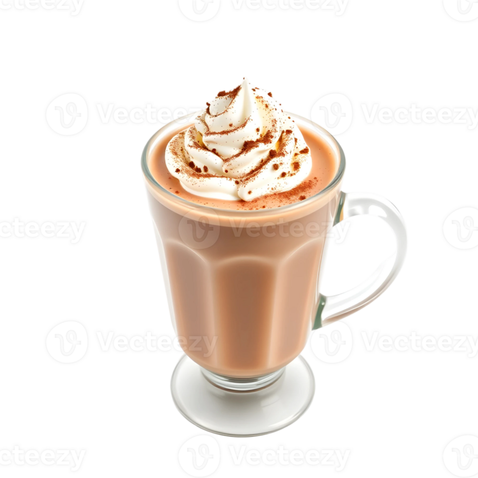 Hot chocolate with whipped cream in a glass cup isolated on transparent background png
