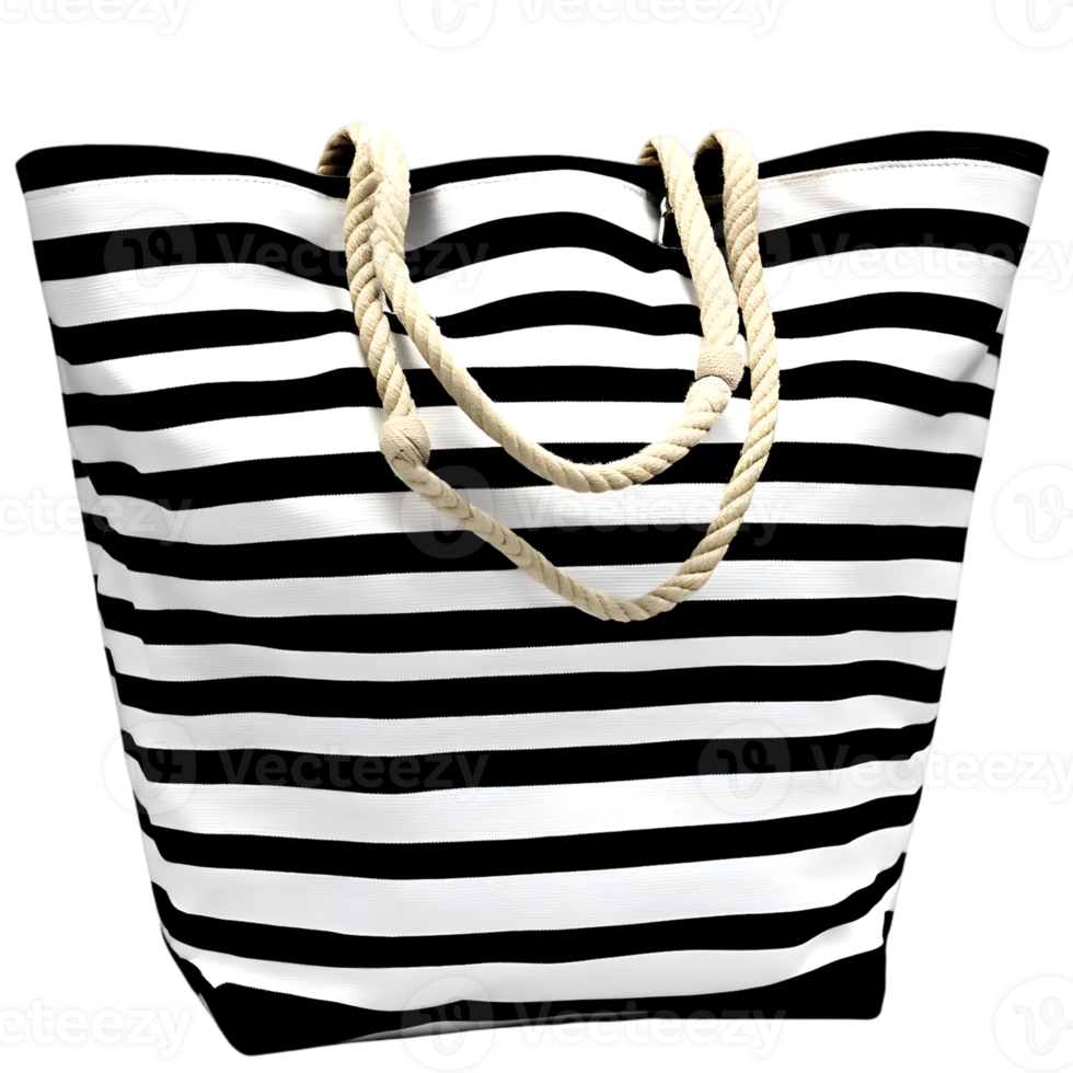 Black and white striped beach bag on transparent background png