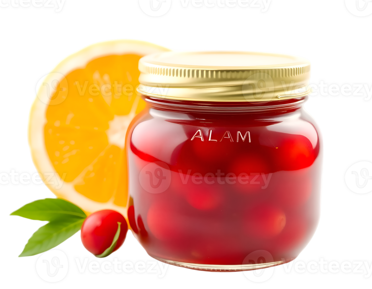 Cranberry jam in a glass jar with a lid and a slice of lemon on a transparent background png