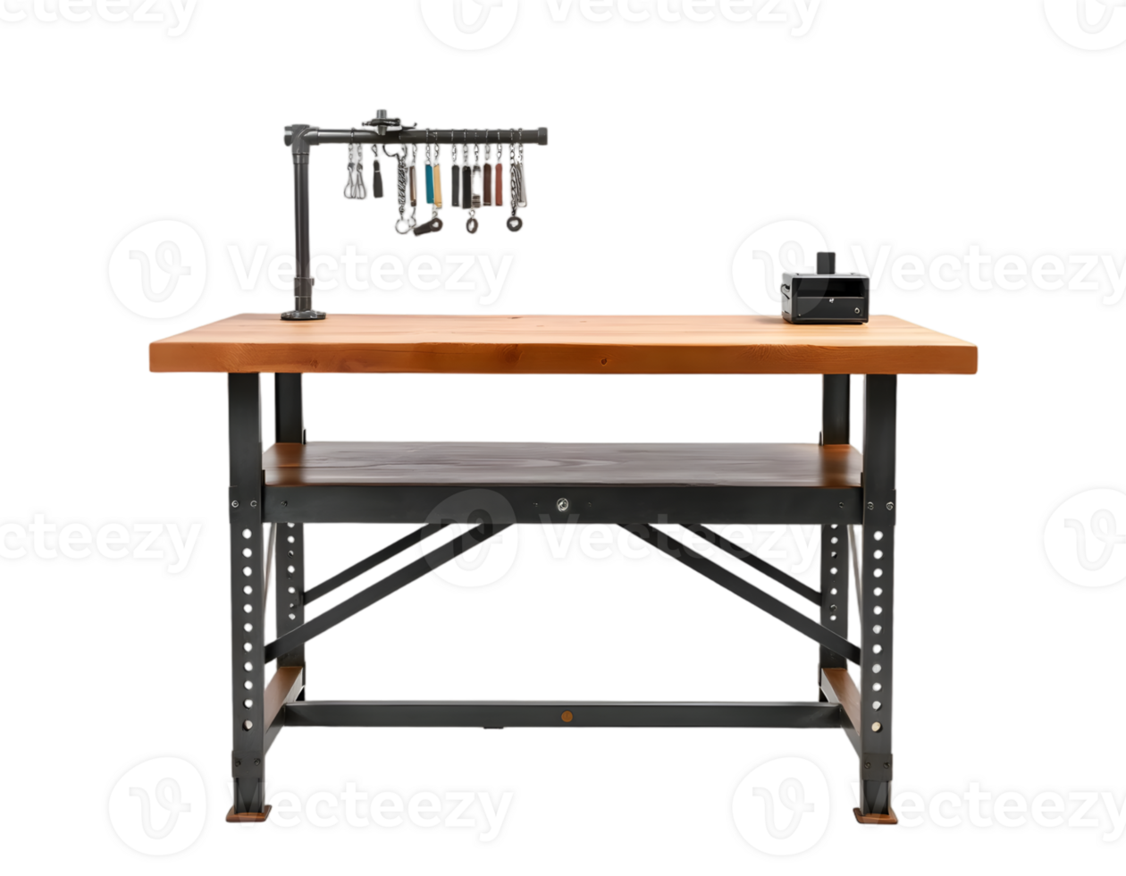 3d rendering of a wooden desk with a coffee machine isolated on a transparent background png