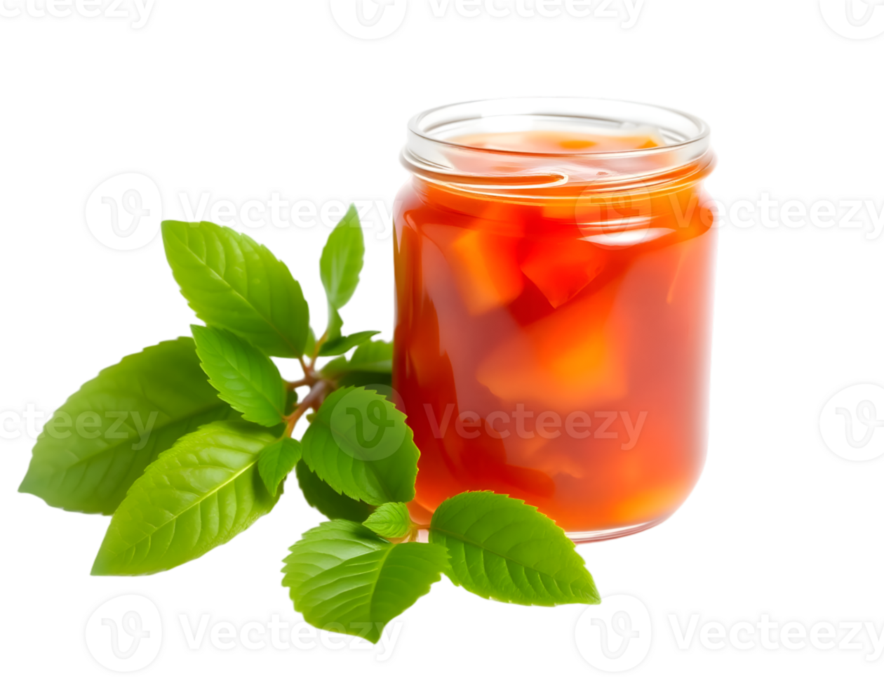 Glass jar of jam with mint leaves isolated on transparent background png