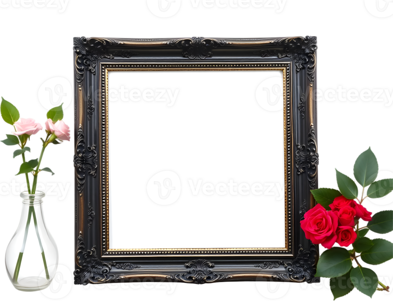 Photo frame with red roses on a transparent background png