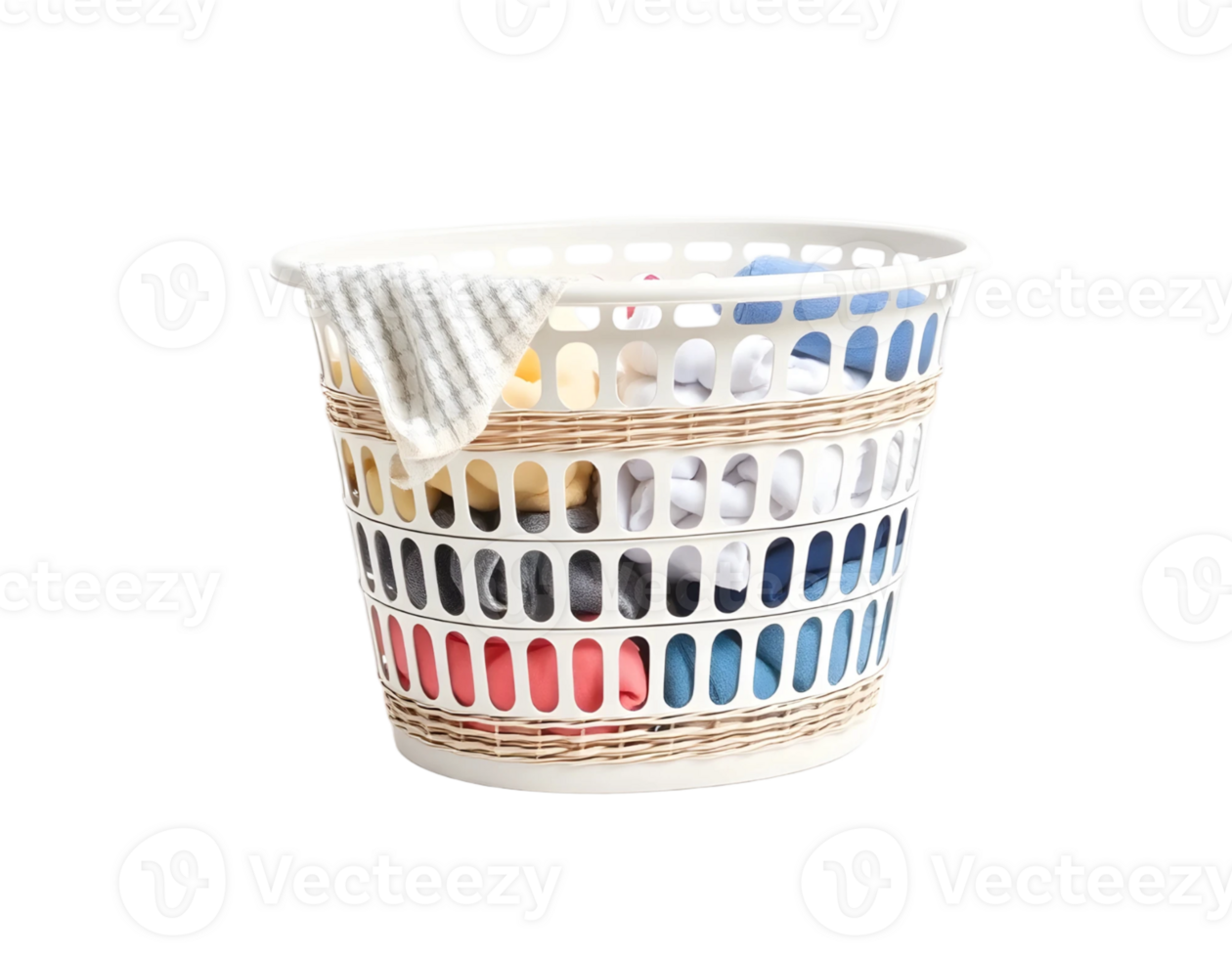 Plastic basket with multicolored clothespins isolated on transparent background png