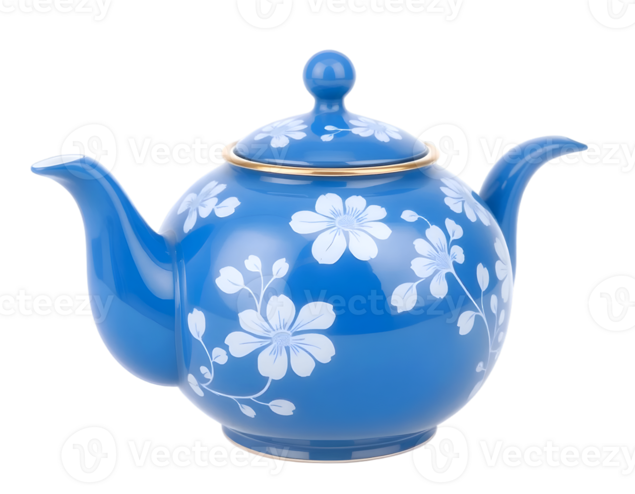 Blue ceramic teapot with floral pattern isolated on transparent background png