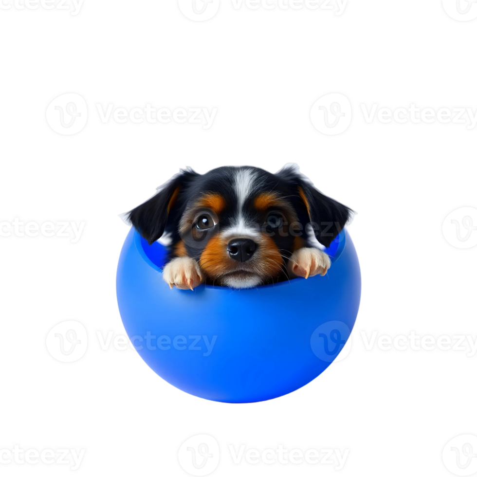 Cute puppy in a blue ball isolated on a transparent background png