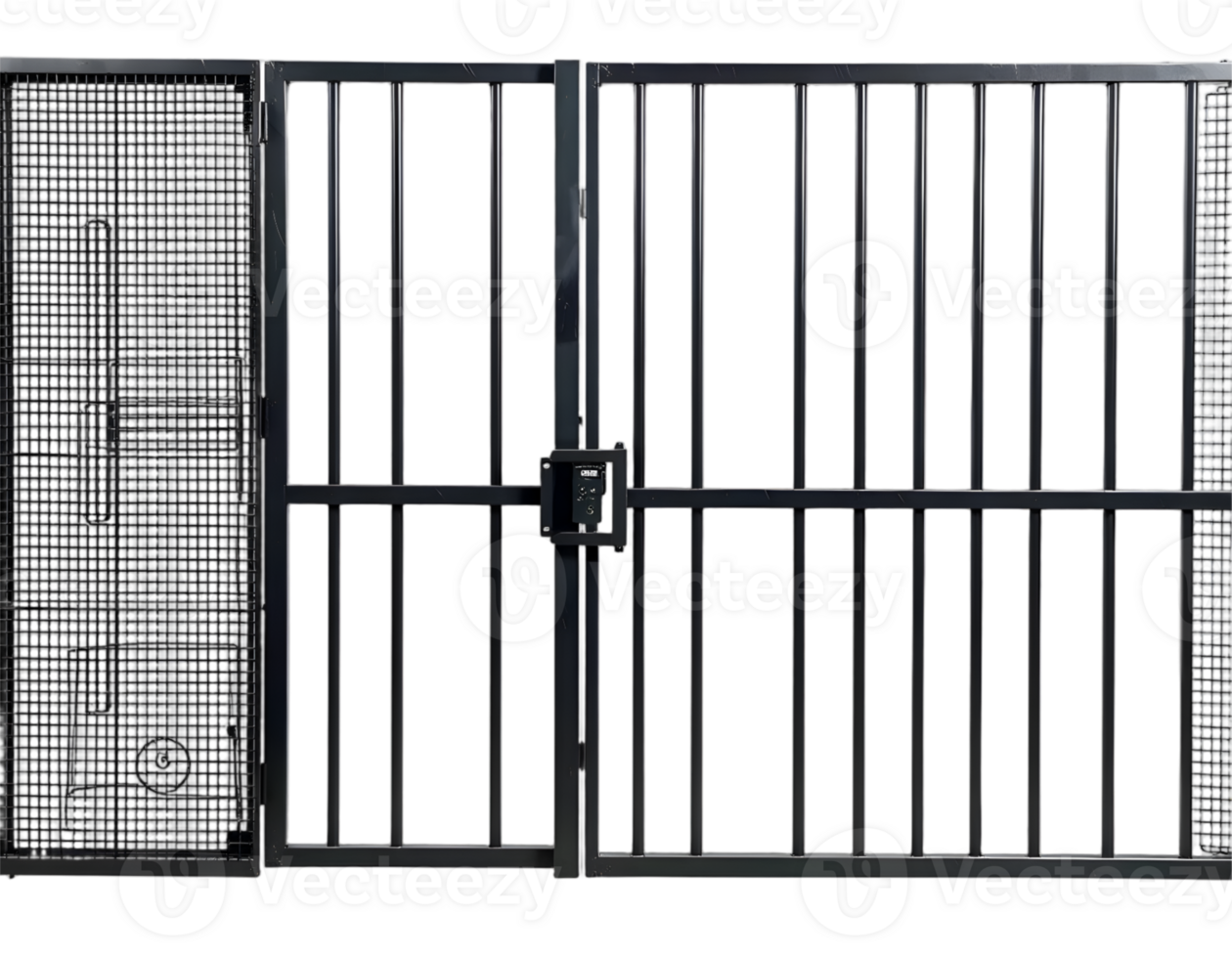 Black metal gate with lock isolated on transparent background png