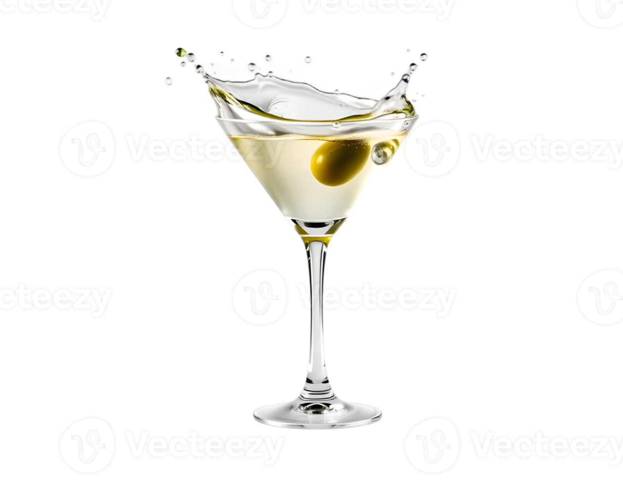 Glass of martini with olives, isolated on transparent background png