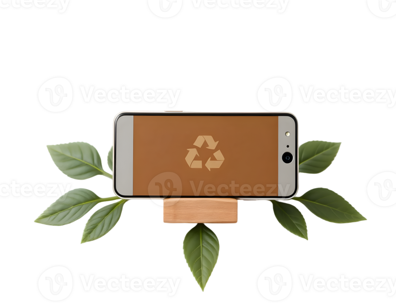 Smartphone with recycle sign and green leaves isolated on transparent background png