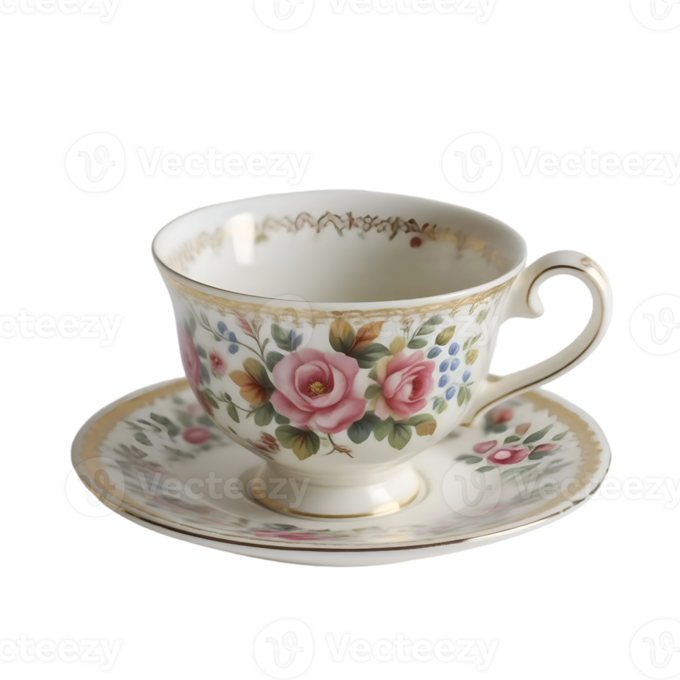 Cup and saucer with floral pattern on a transparent background png