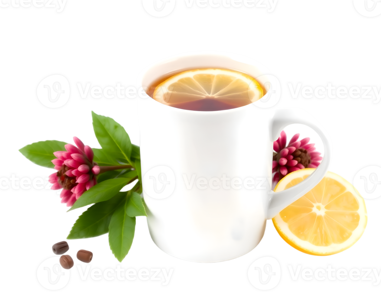 Cup of tea with lemon and flowers on a transparent background png