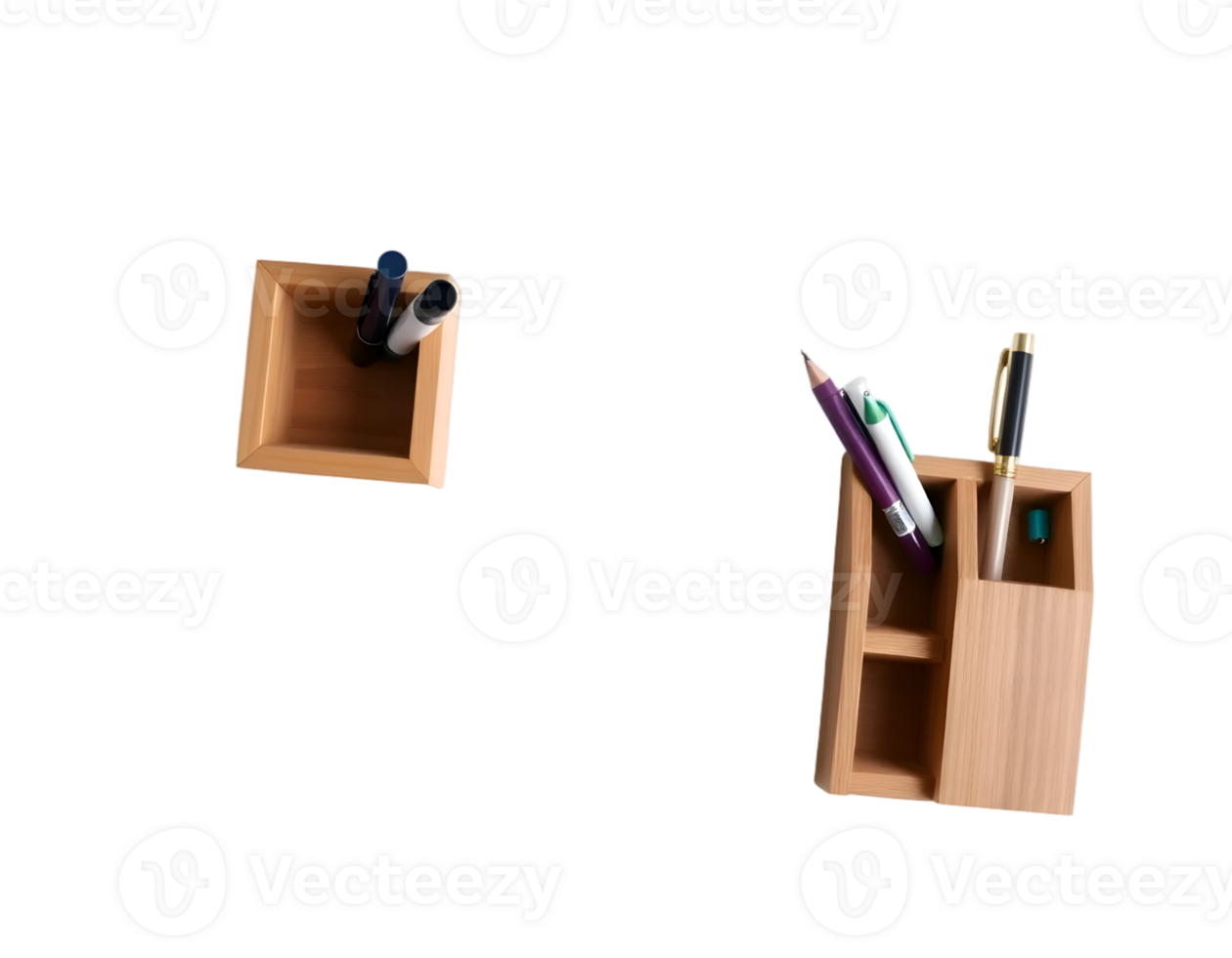Wooden shelf with pencils and markers, isolated on transparent background png