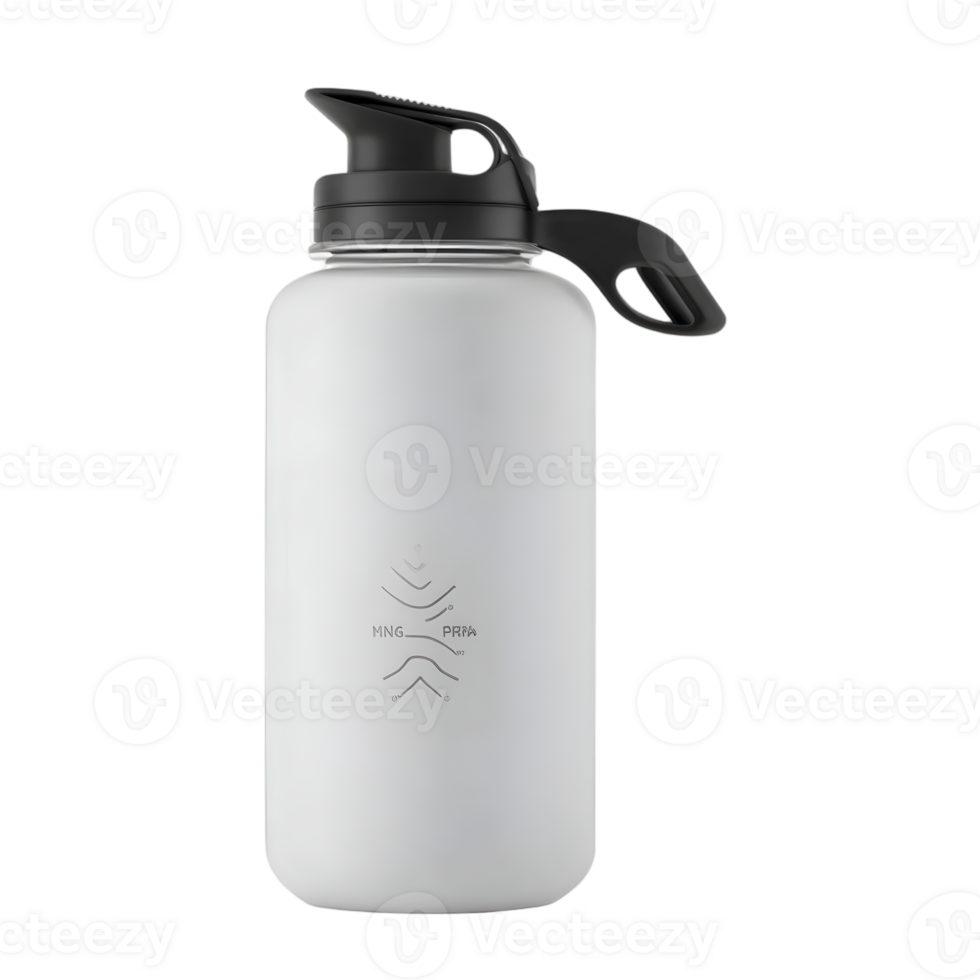 White plastic water bottle with black cap isolated on transparent background png