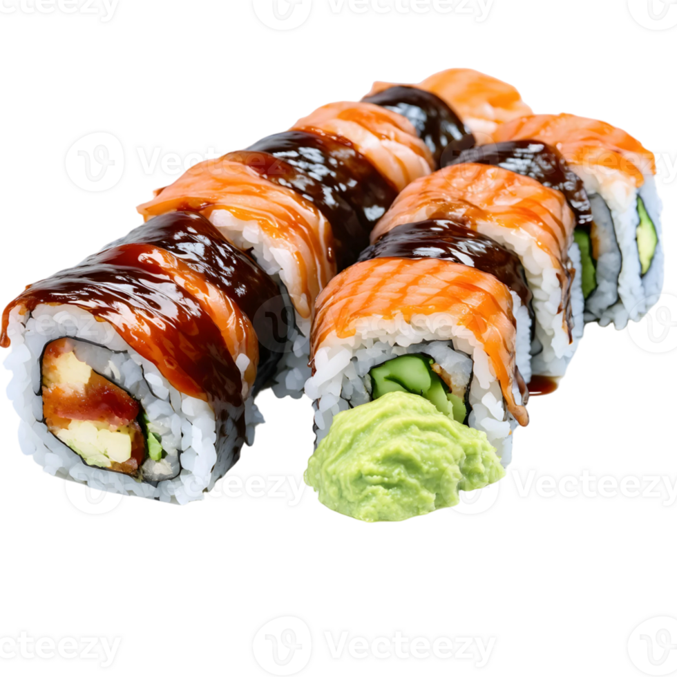 Sushi roll with salmon, avocado, cucumber and cream cheese isolated on transparent background png