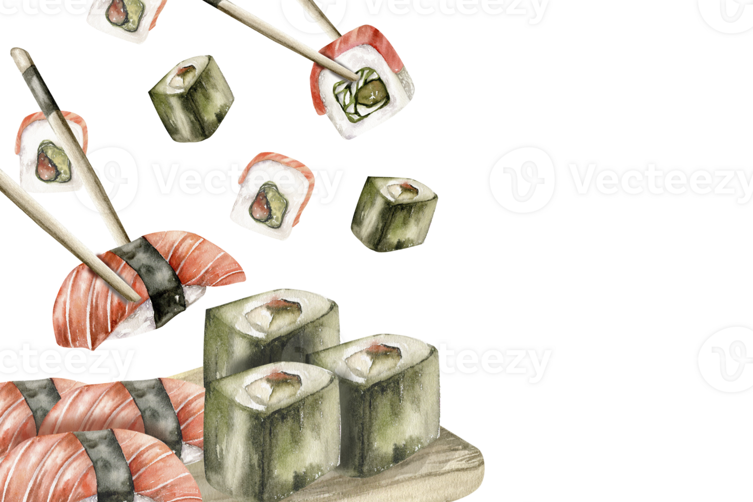 Japanese seafood watercolor banner template with fresh rolls and sushi with salmon on wooden plate illustration.Isolated asian traditional food with fish clipart for cafe, restaurant men,label design png