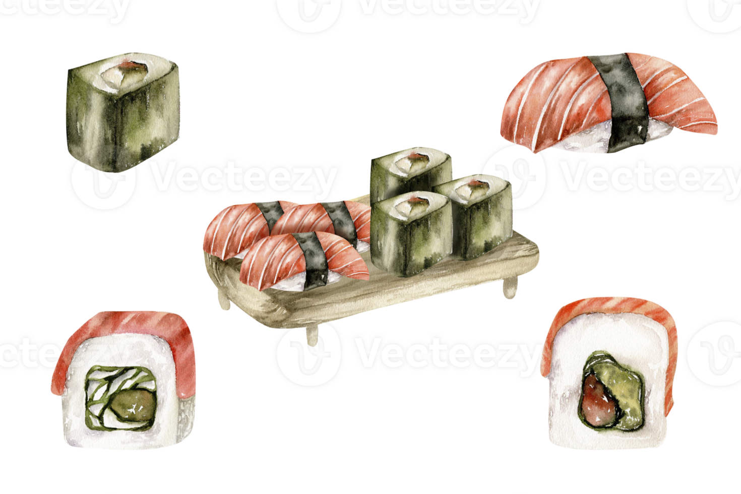 Japanese sushi and sashimi watercolor set. Hand drawn rolls,salmon sashimi and sushi, served on wooden plate, isolated seafood clipart, healthy food collection for concept design png