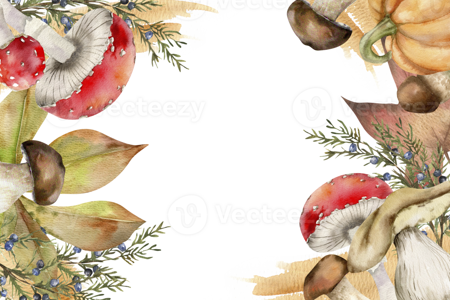 Autumn watercolor floral frame with red mushrooms, brown fungus and colorful leaves illustrations. Isolated banner with copy space, agaric and boletus with branches and leaves for harvest menu,poster png
