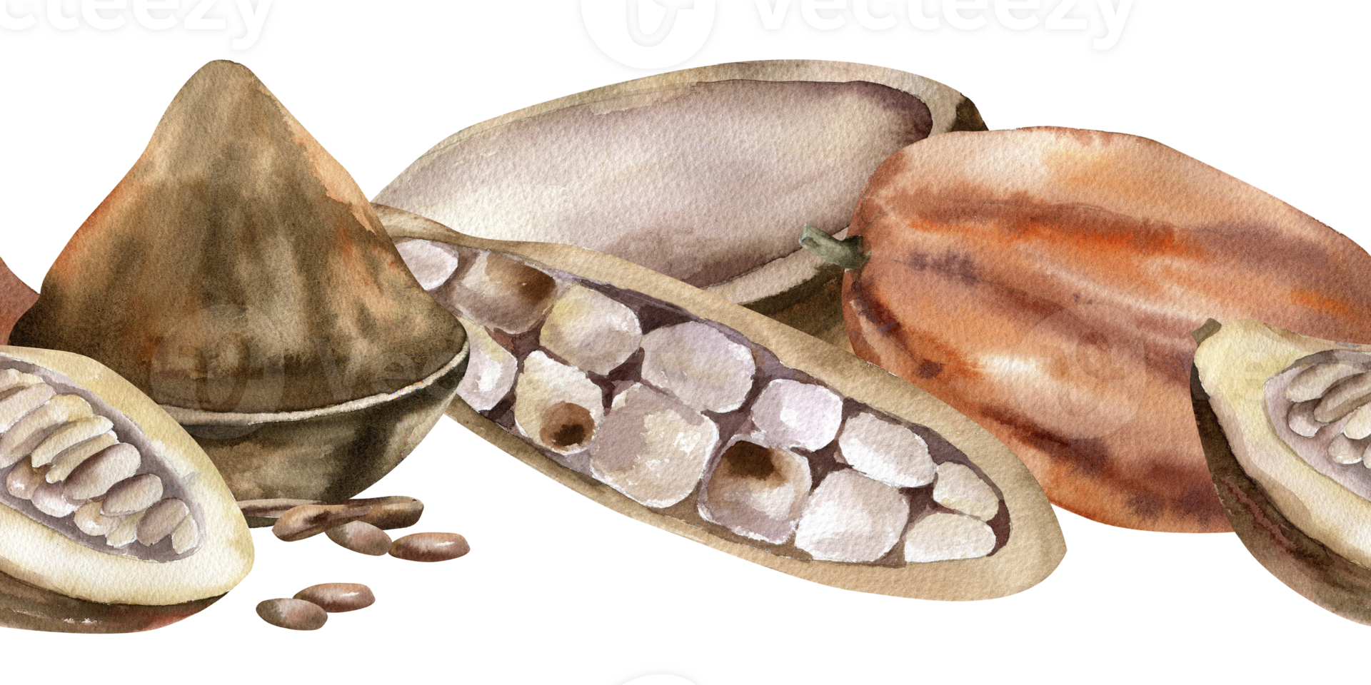 Cocoa beans and powder watercolor seamless border. Hand drawn banner with brown cocoa pod,fresh and dried beans illustration for product packing, textile,fabric design png