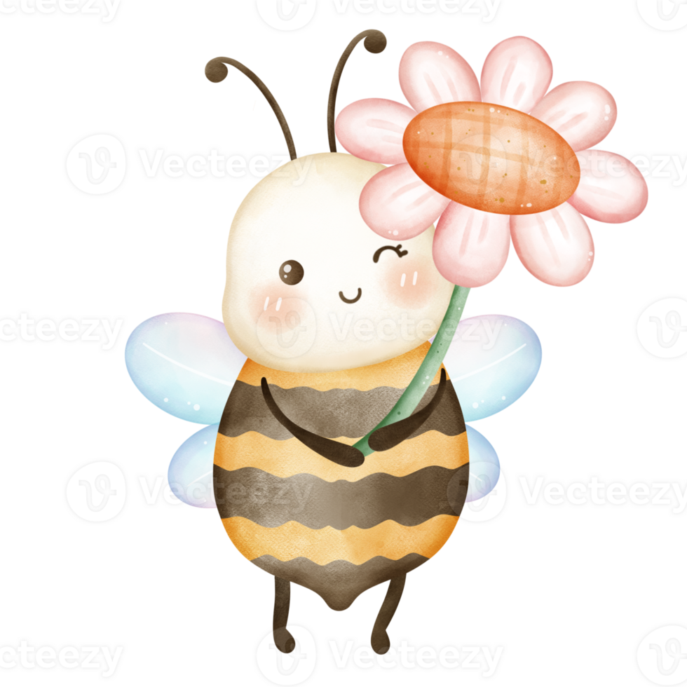 Kawaii Bee Character, Cute Watercolor Bumblebee Art png