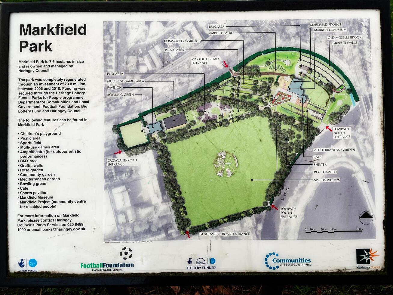 London, UK - March 02, 2025- Markfield Park map display showcasing various amenities and areas for community activities photo