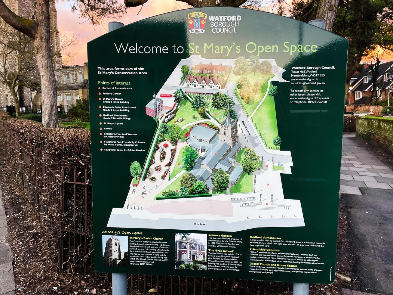 London, UK - March 02, 2025- Illustrative map board of St. Mary's Open Space with local landmarks and features photo
