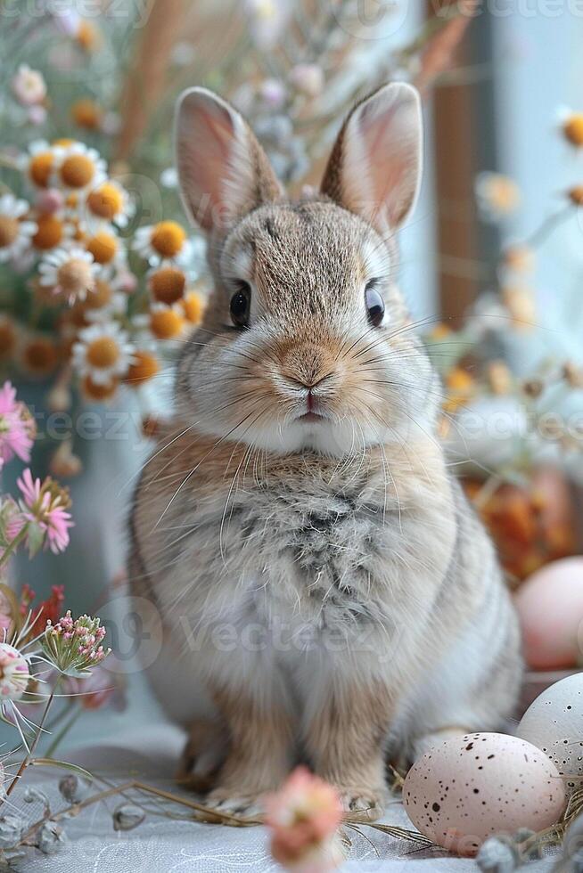 A small rabbit sitting in front of some flowers photo