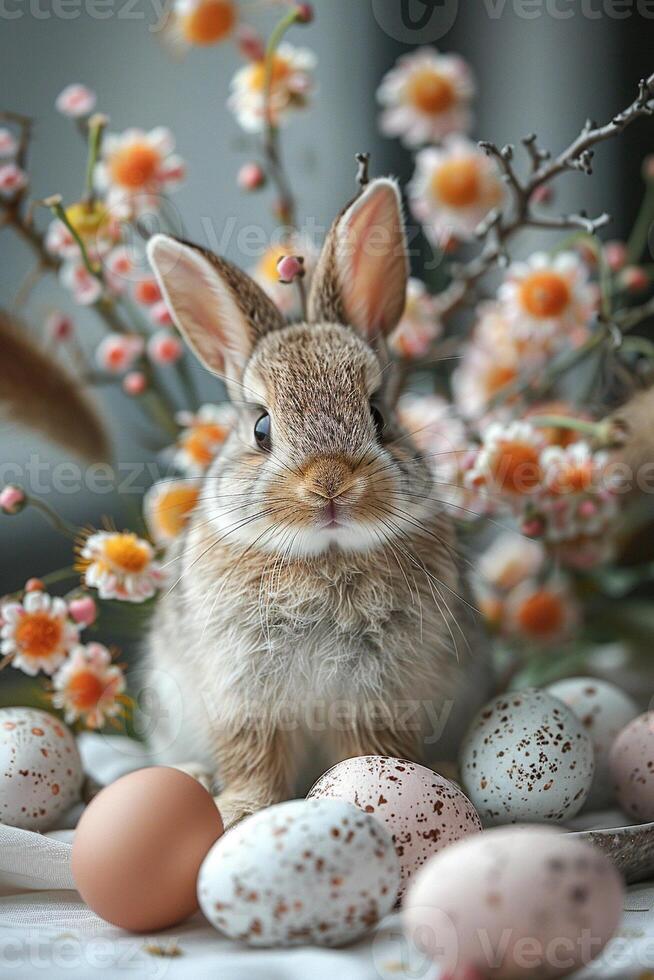A small rabbit is sitting in front of eggs photo