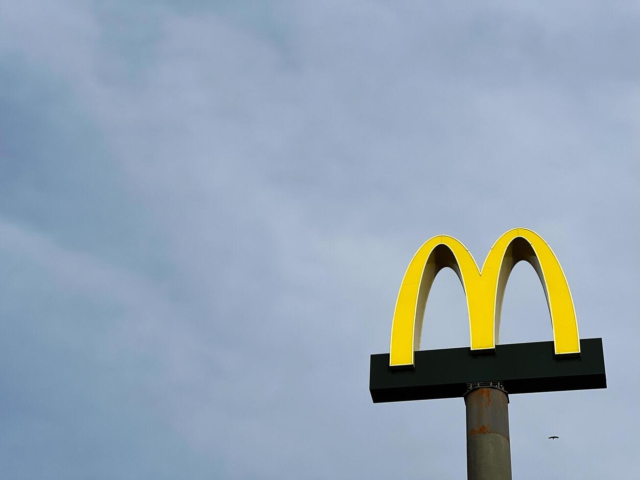 Lviv, Ukraine - March 12, 2025 - Iconic golden arches McDonald's logo on a tall sign against a cloudy sky photo