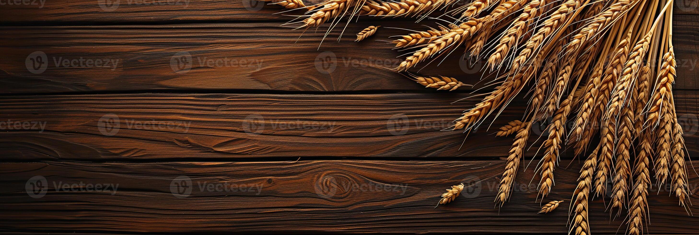 A close up of some wheat on a wooden table photo