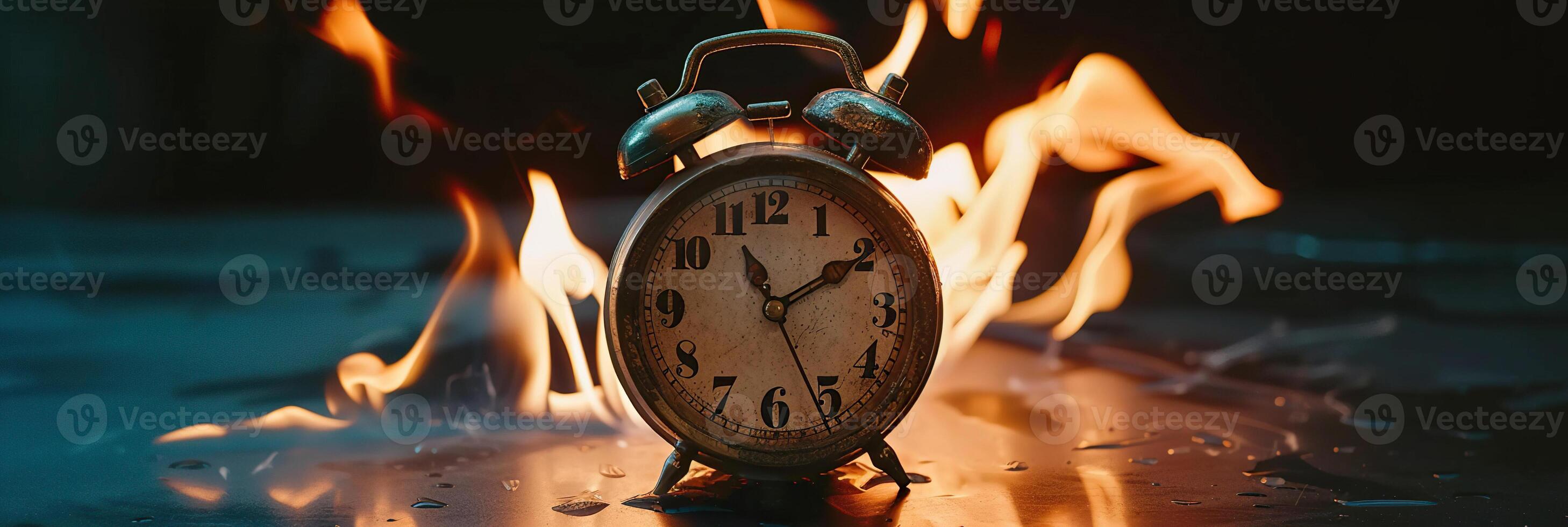 A clock is on fire in a room photo