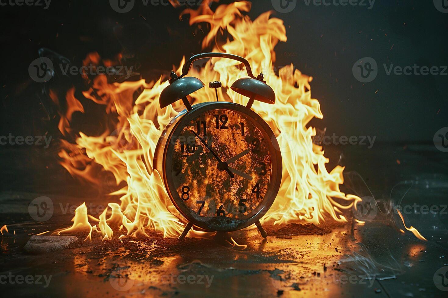 A clock is on fire in a dark room photo