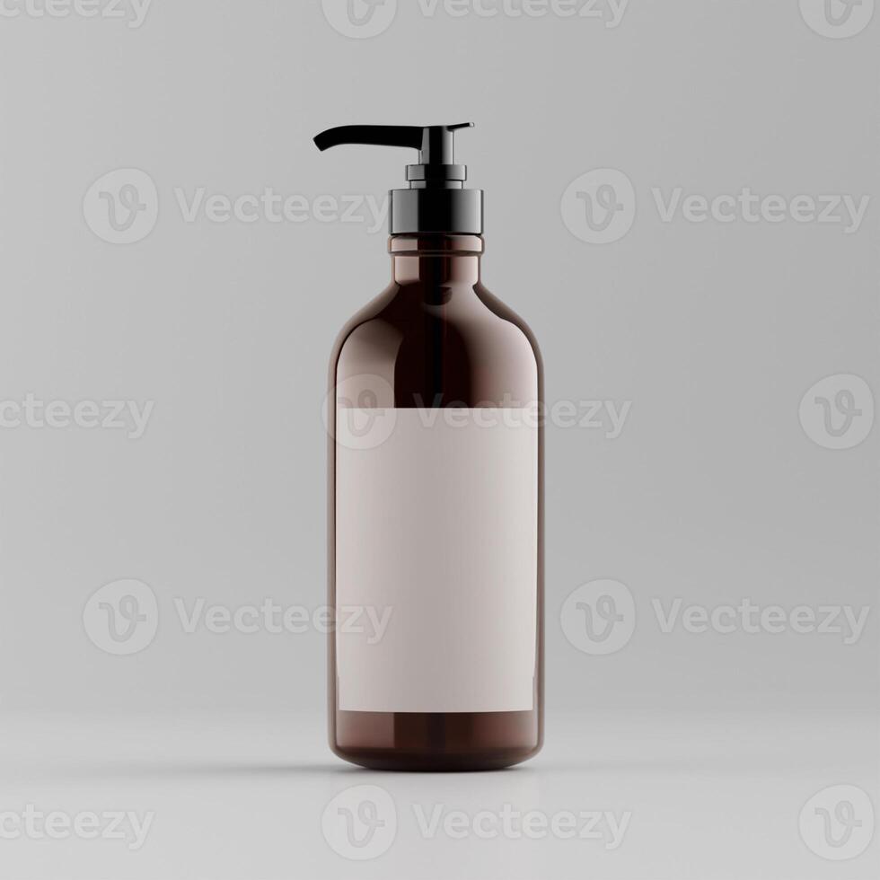 two amber pump bottles white labels black caps straight view soft shadows clean product mockup neutral background photo