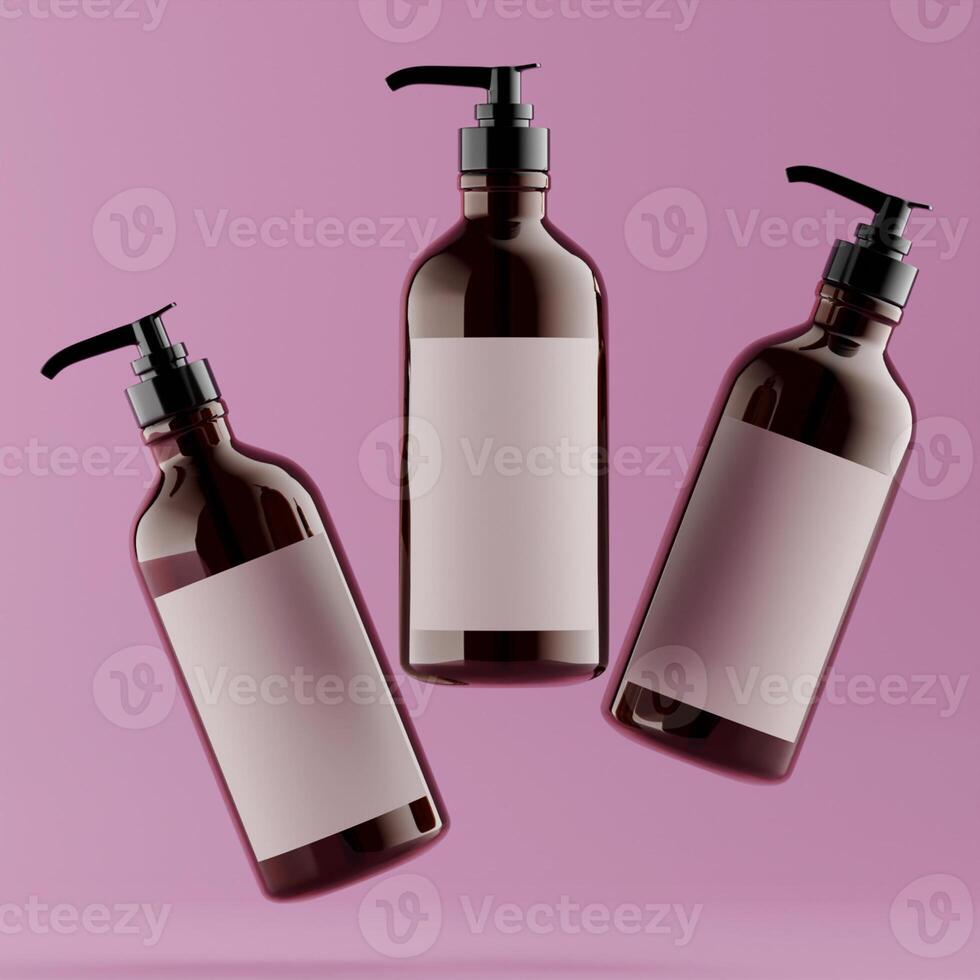 three amber pump bottles white labels black caps floating pink background soft shadows creative product mockup photo