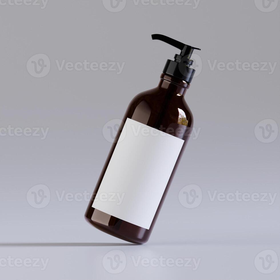 single amber pump bottle white label black cap tilted soft shadows neutral background clean product mockup photo