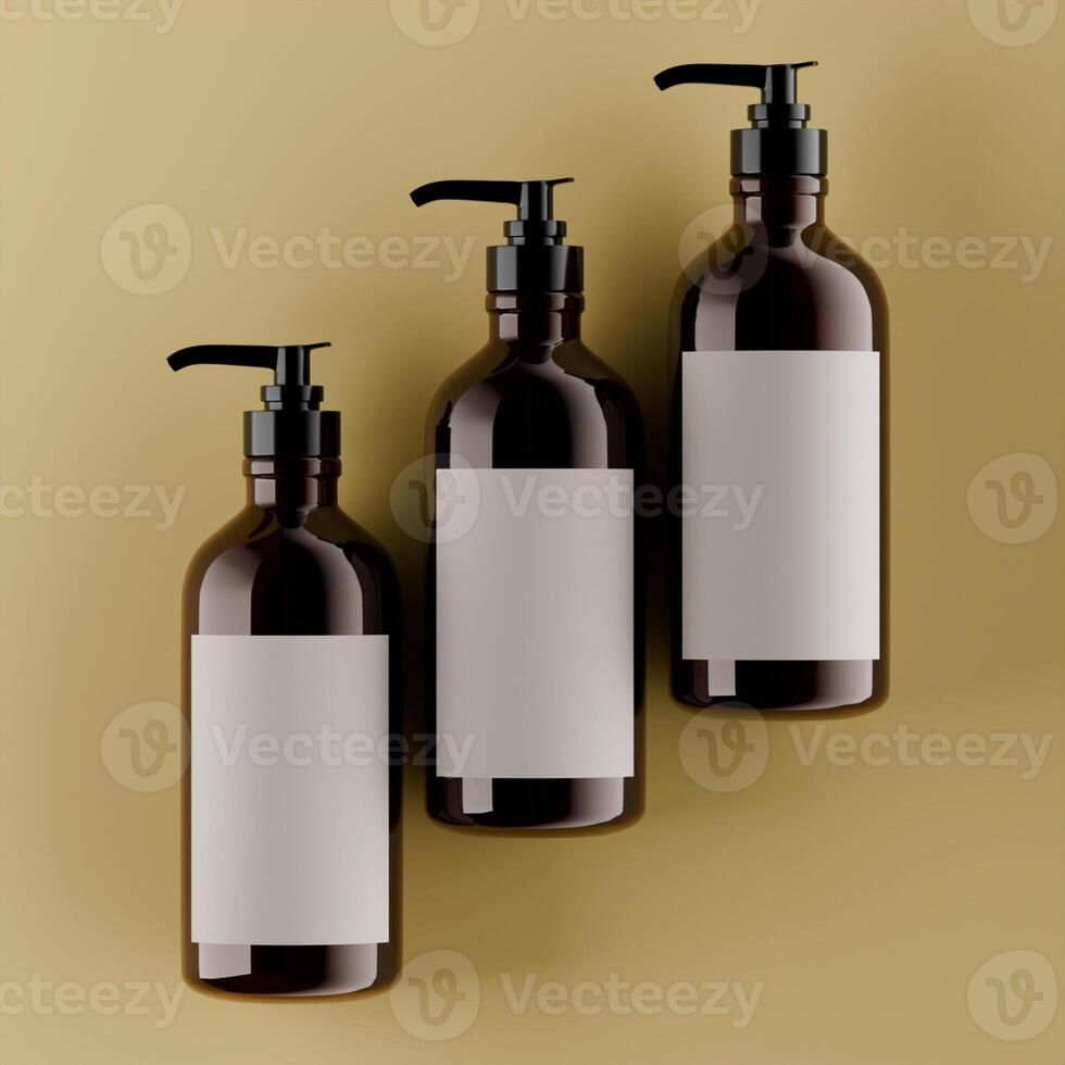 three amber pump bottles white labels black caps standing straight warm yellow background soft shadows product shot photo
