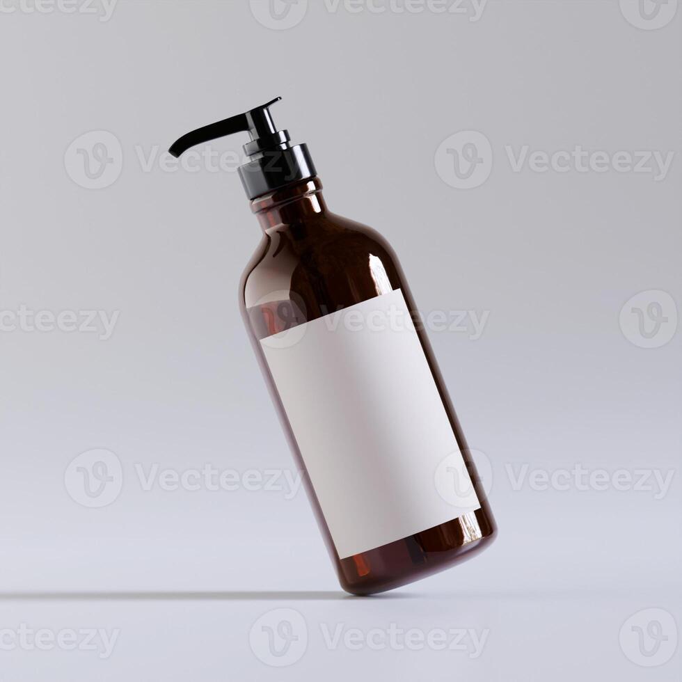 single amber pump bottle white label black cap tilted floating soft shadows clean product mockup neutral background photo
