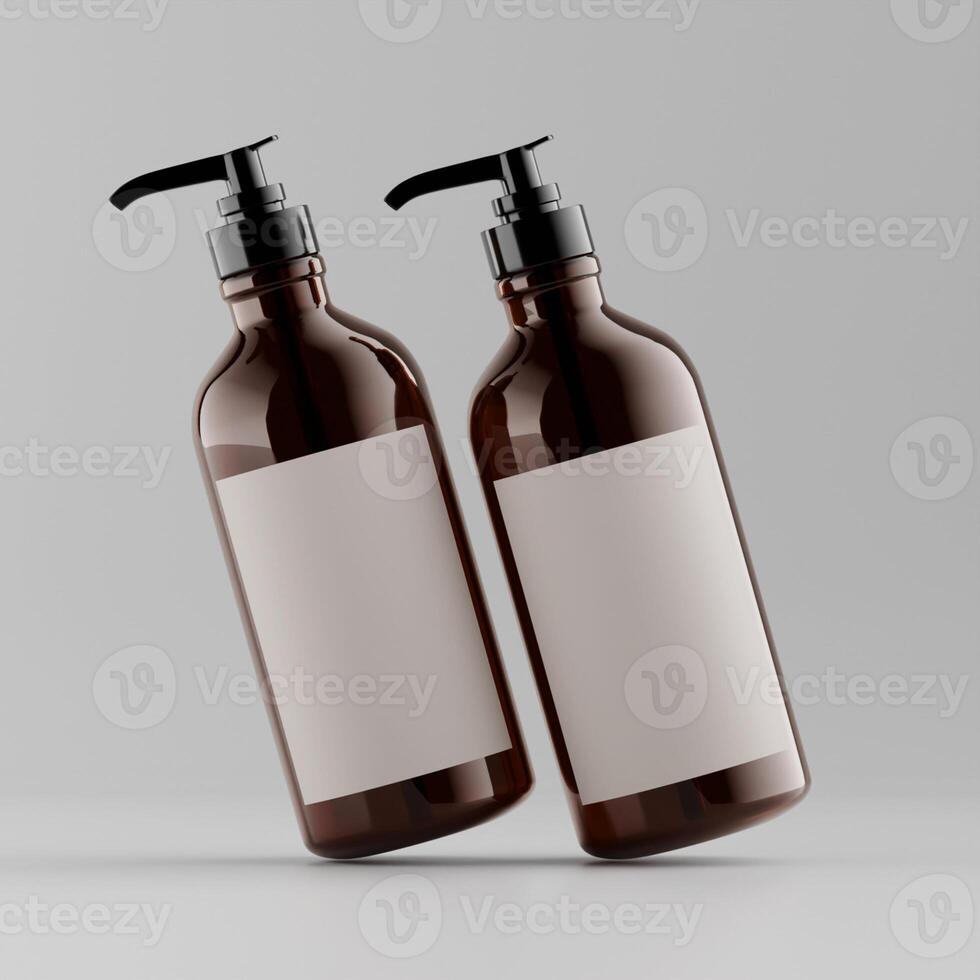 two amber pump bottles white label black caps leaning toward each other neutral background soft lighting photo