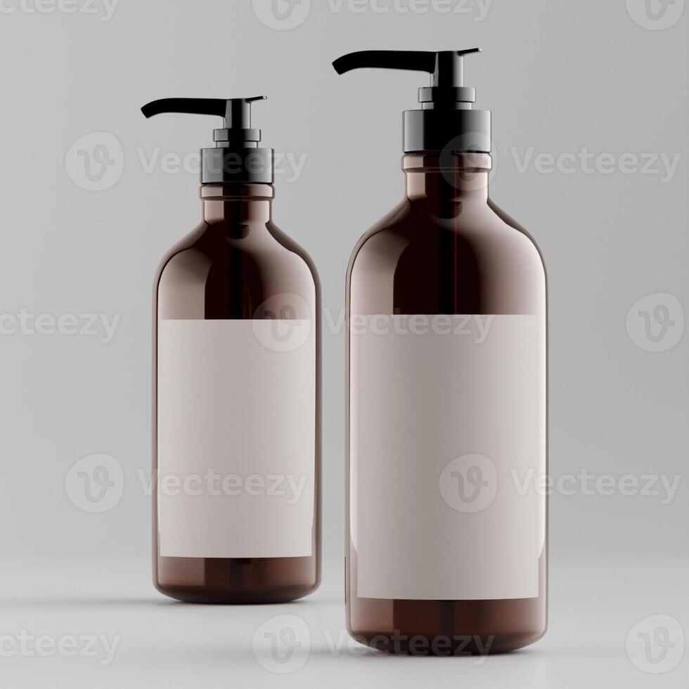 two amber pump bottles white label black caps standing straight neutral background soft shadows product shot photo