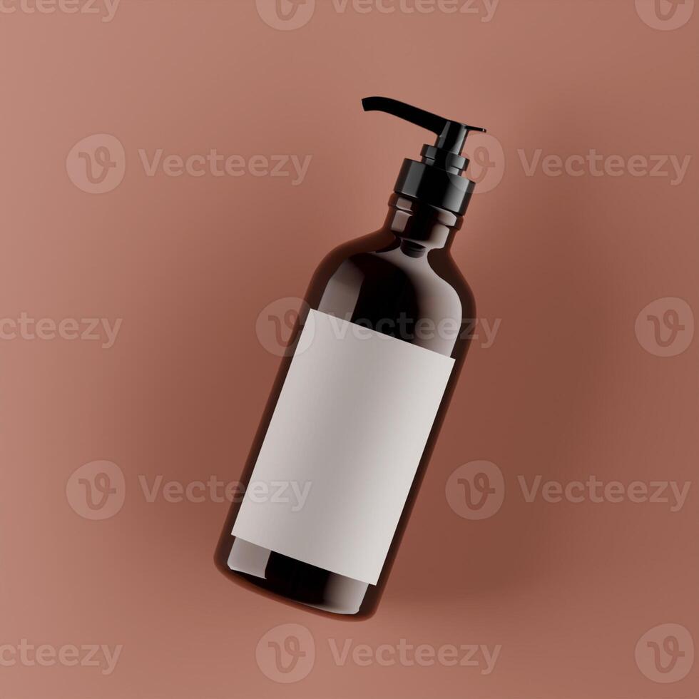 two amber pump bottles white label black caps angled layout soft shadows brown background modern aesthetic photo