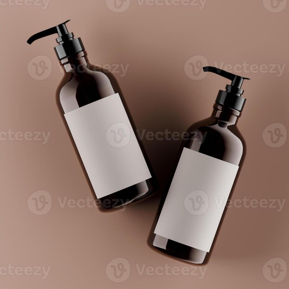 two amber pump bottles white label black caps tilted creative angle soft shadows brown background photo