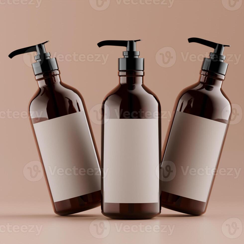 three amber pump bottles white labels black caps standing straight modern product photography soft orange background photo