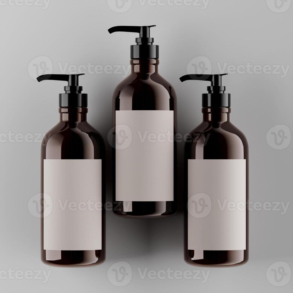 three amber pump bottles white labels black caps grouped together soft shadows clean aesthetic modern product photography photo