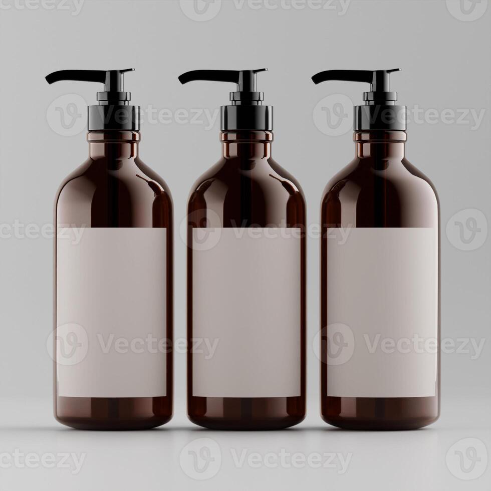 three amber pump bottles white labels black caps straight view even lighting modern product photography soft orange background photo