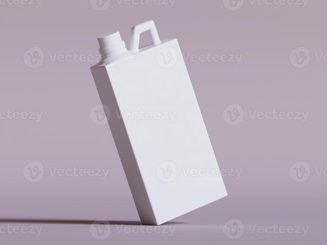 single white plastic canister tilted on light purple background soft shadows even lighting photo