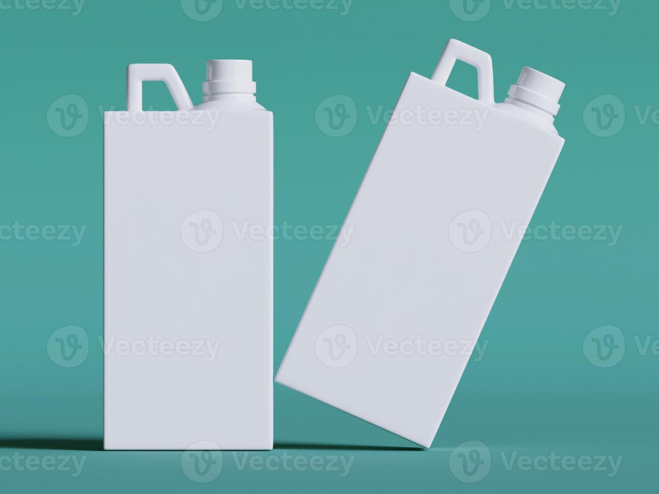 two white plastic canisters leaning together on teal background soft shadows clean bright photo